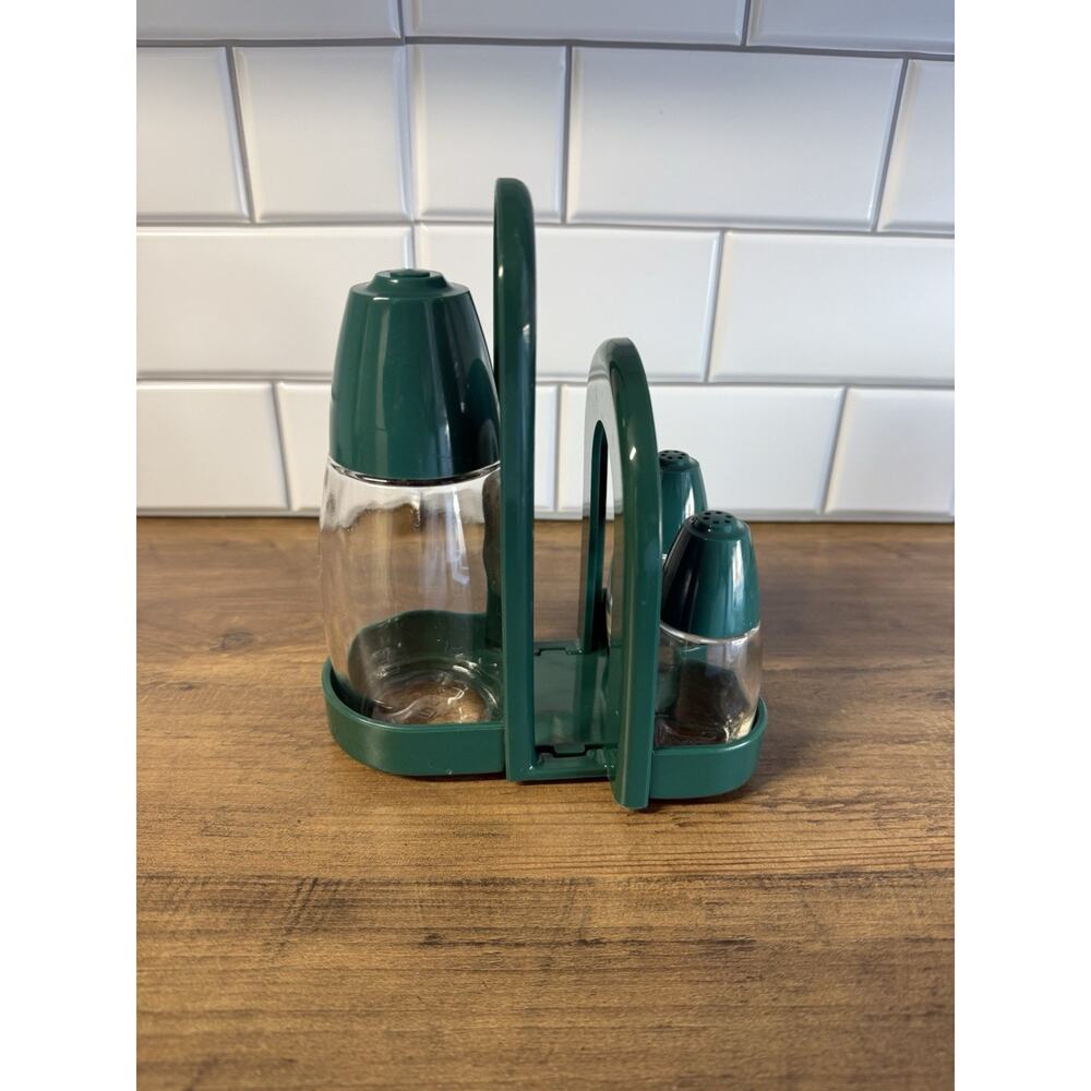 Vintage GEMCO Solid Forest Green Salt & Pepper Sugar Shaker Napkin Caddy Set